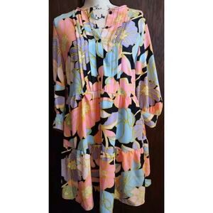 Who What Wear Neon Floral Balloon sleeve Tiered Mod Baby Doll Shift Dress Small
